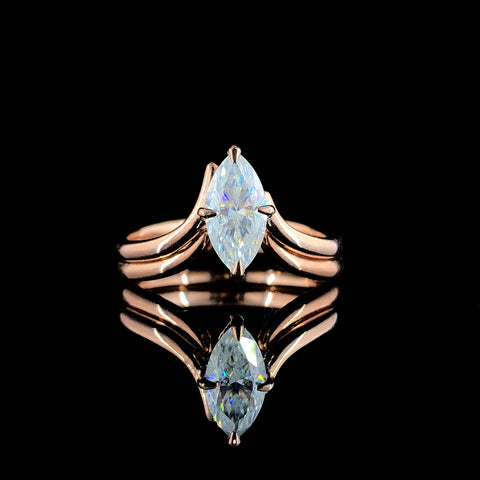 Marquise Solitaire Yellow Gold Ring with Chevron Band and Four-Prong Setting