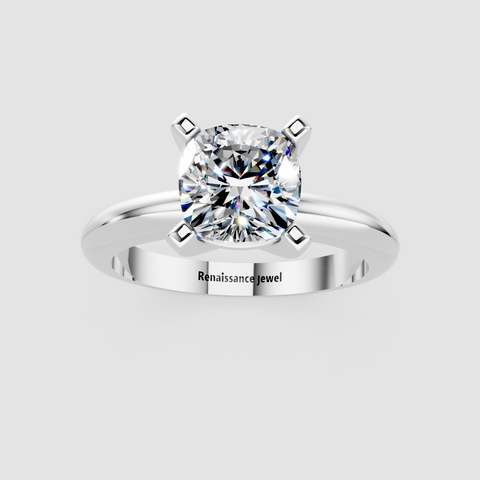 Silver Cushion Cut Solitaire Engagement Ring with Round Band and Four-Prong Setting