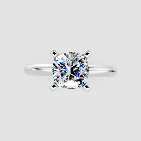 White gold Cushion Cut Solitaire Engagement Ring with Round Band and Four-Prong Setting